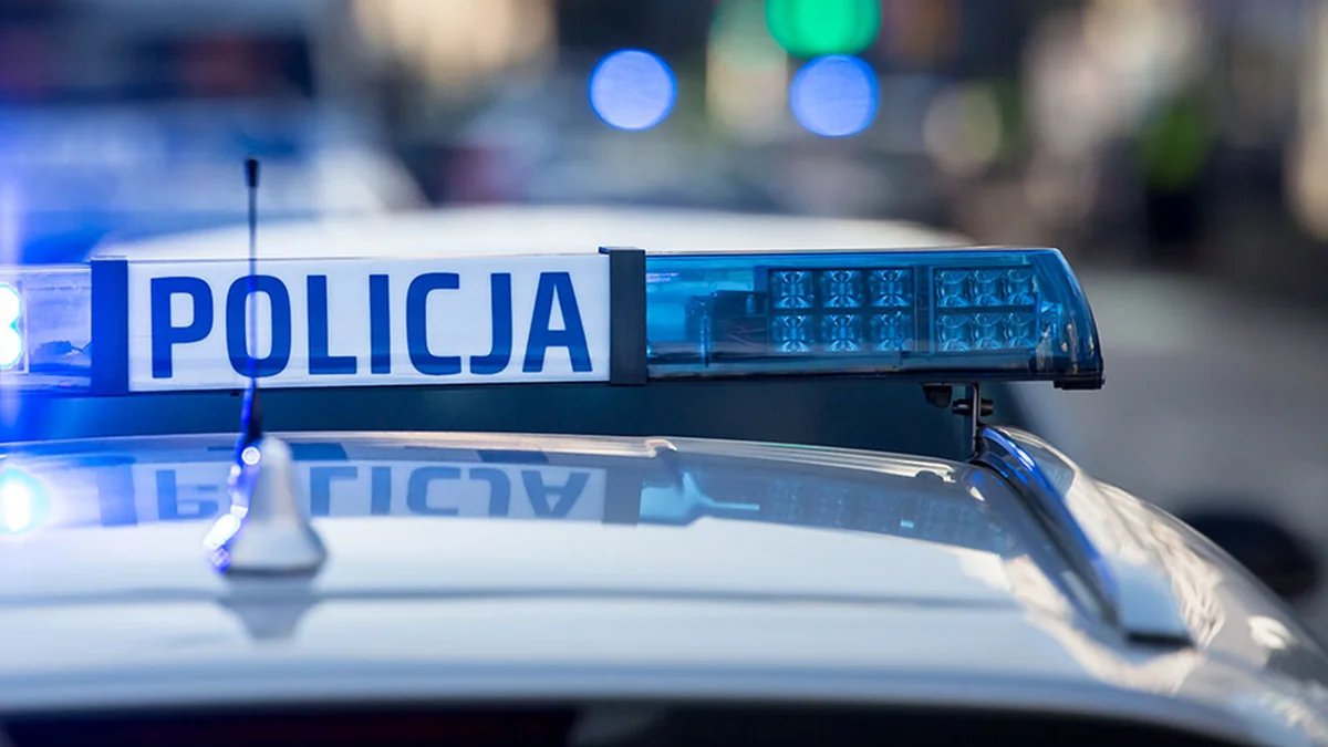 Дах польського поліцейського авто з написом POLICJA та синіми маячками